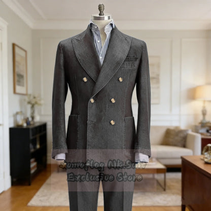 Men's Denim Suit Set Double Breasted Slim Fit Blazer and Trousers for Men