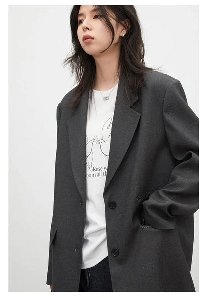 Fashion Women Blazers Loose Casual Design Bow Embossed Office Ladies Suit Jacket Gray Spring Autumn 2026 Female Coat