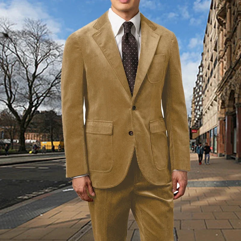 Men's Corduroy 2-Piece Suit – Classic Single Breasted Blazer & Pleated Pants for Wedding & Formal Occasions