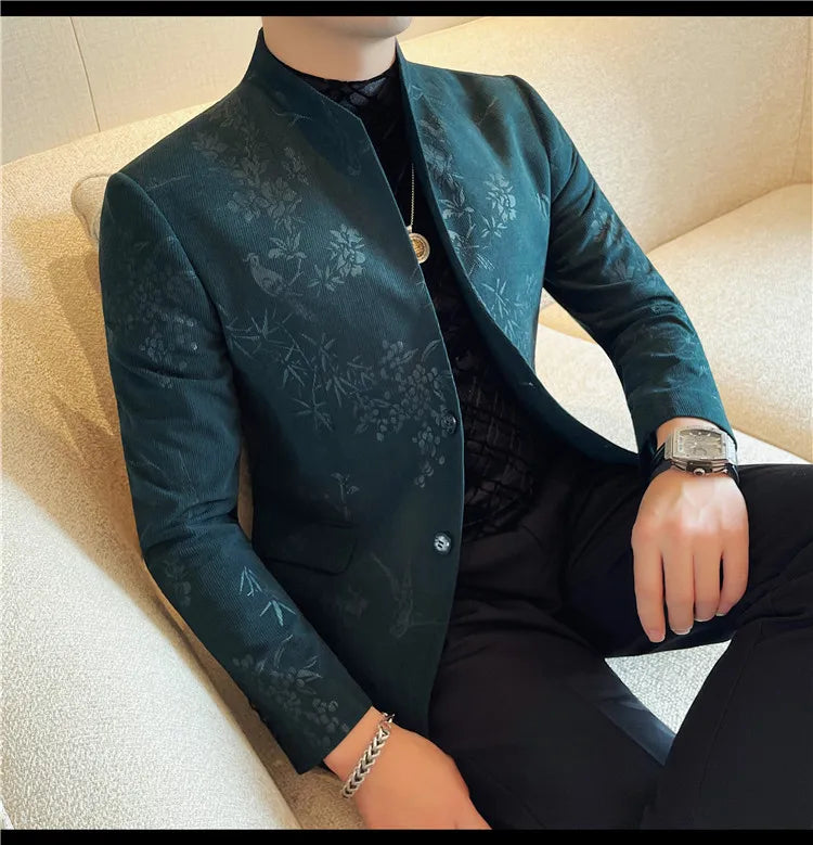 2025 Spring Trendy Jacquard Suit Jacket Men Stand Up Collar Casual Blazers Slim Wedding Business Streetwear Social Dress Coats