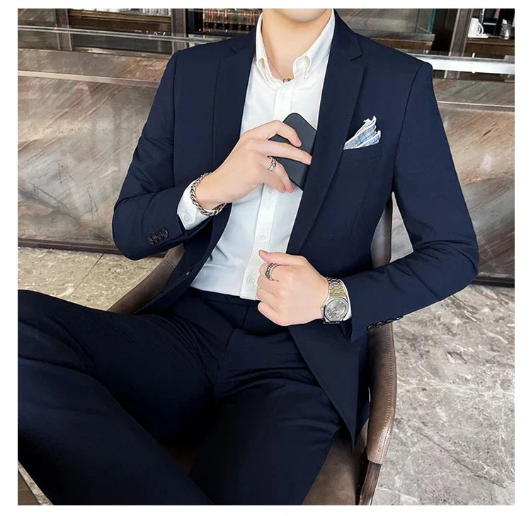 Men's Slim Fit Solid Color Two-Piece Suit Set for Wedding & Formal Occasions