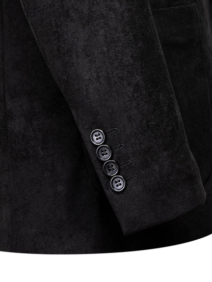 Black Faux Suede Men Single Suit Jacket, Two Button Notched Collar Casual Blazer Business Party Sport Coat