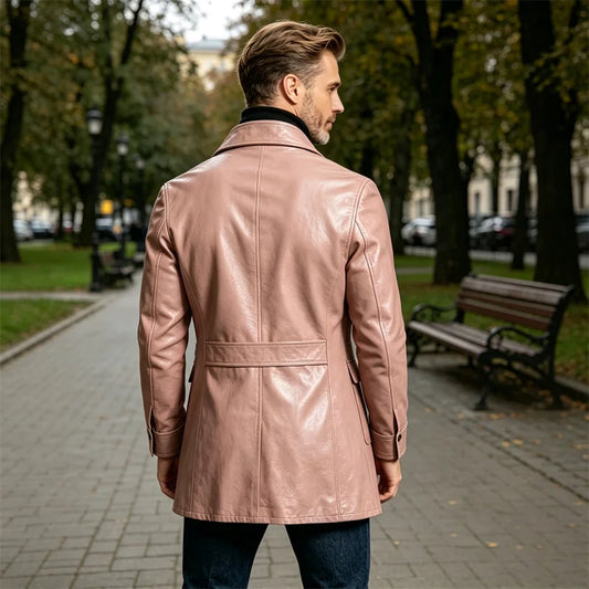  Men's Faux Leather Blazer Mid Length Casual Slim Jacket Fit Formal Business Daily Windproof Coat Travel Vintage Overcoat