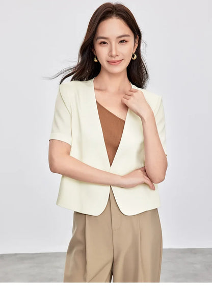 Solid Color Women's Jackets 2026 New Formal Cropped V Neck Single Button Short Sleeve Commuting Outerwear 152X87886