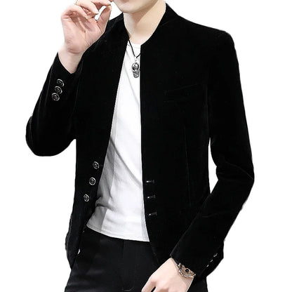 Slim Fit Velvet Yuan Collar Shirt Korean Style Fashion Trend Handsome Canary Boutique Coat New Version Small Yuan Collar Suit