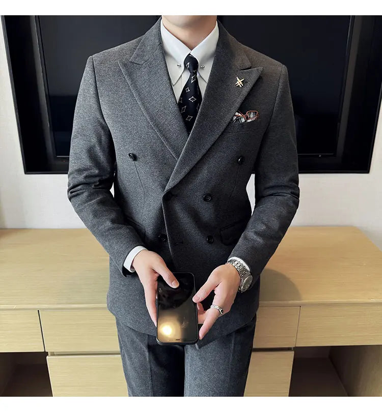 (Jacket+Pant) Autumn Winter Thickened Woolen Suit 2025 New High Quality Slim Business Tuxedo Fashion Wedding Social Suits
