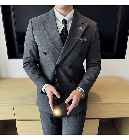 (Jacket+Pant) Autumn Winter Thickened Woolen Suit 2025 New High Quality Slim Business Tuxedo Fashion Wedding Social Suits