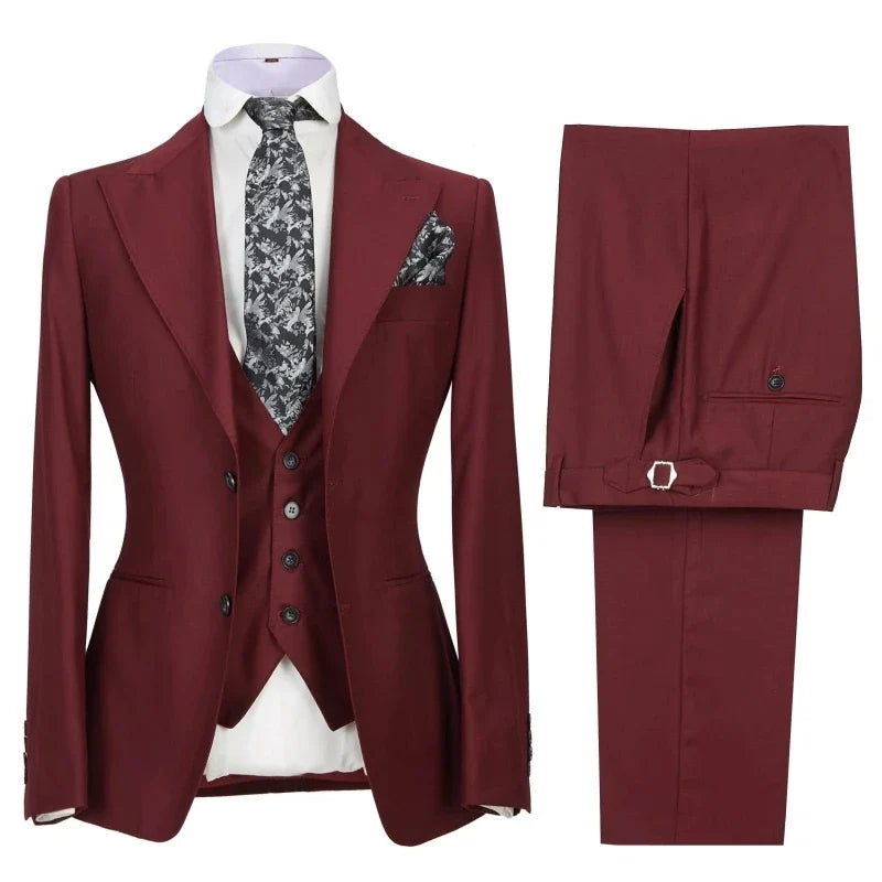 Men Suit 3 Pieces Beige Solid With Lapel Business Casual For Wedding Banquet Work Tuxedo Set Jacket Vest With Pants