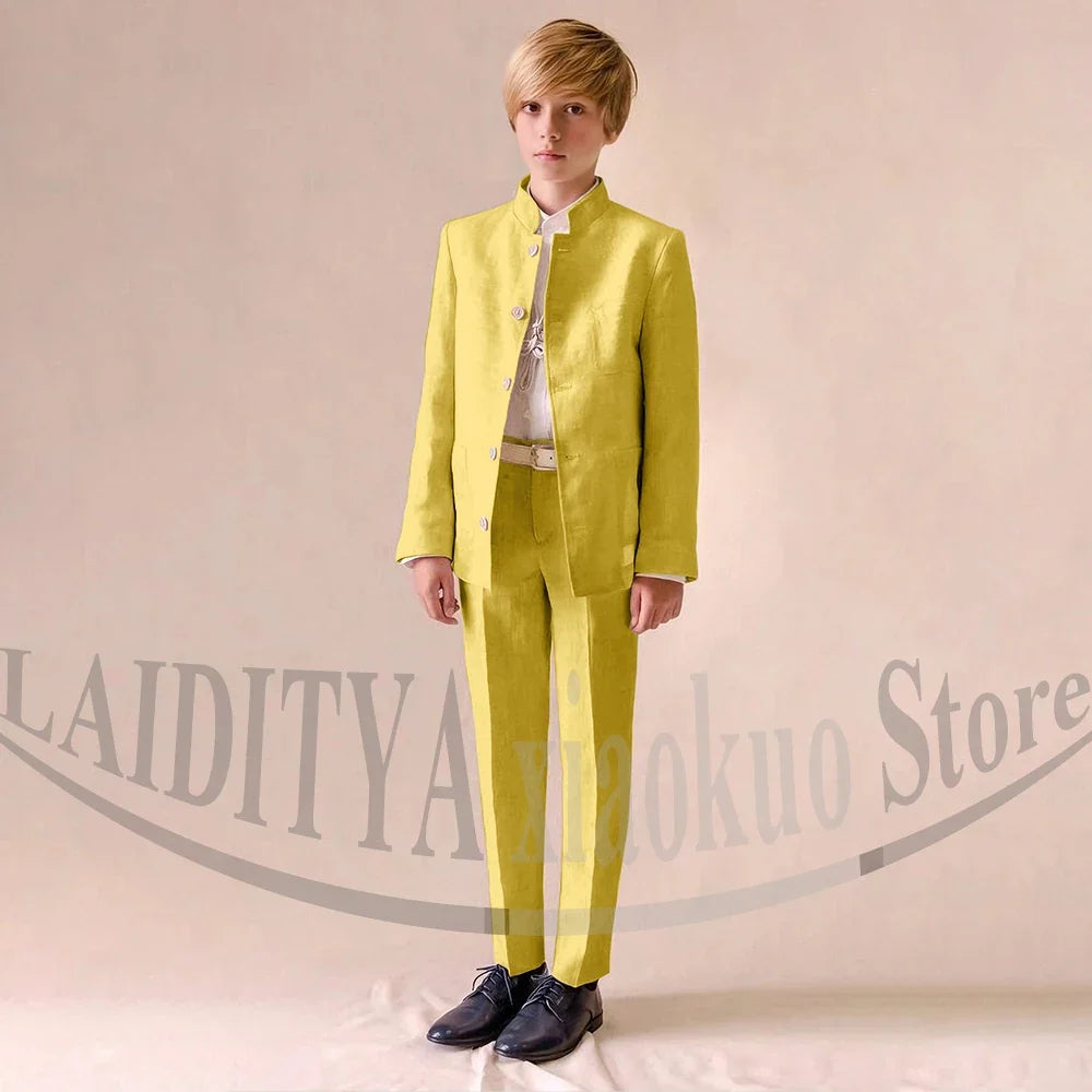 Chic Linen Boy Suits Fashion Stand Collar Single Breasted Blazer with Pants Formal Wedding Tuxedo Daily Casual Kids Clothes