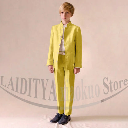 Chic Linen Boy Suits Fashion Stand Collar Single Breasted Blazer with Pants Formal Wedding Tuxedo Daily Casual Kids Clothes