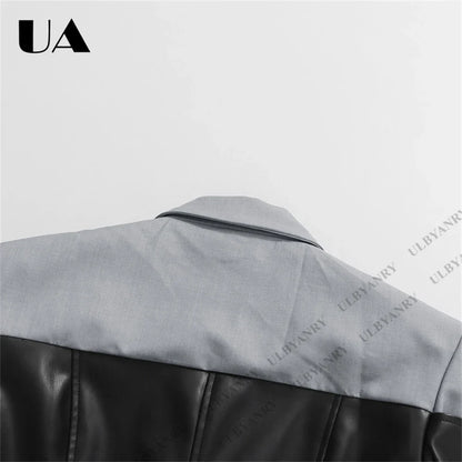 Colorblock Faux Leather Blazer with Notch Lapel Cuff Straps for Street Style Fashion Week Suit Jacket Club Night Blazer
