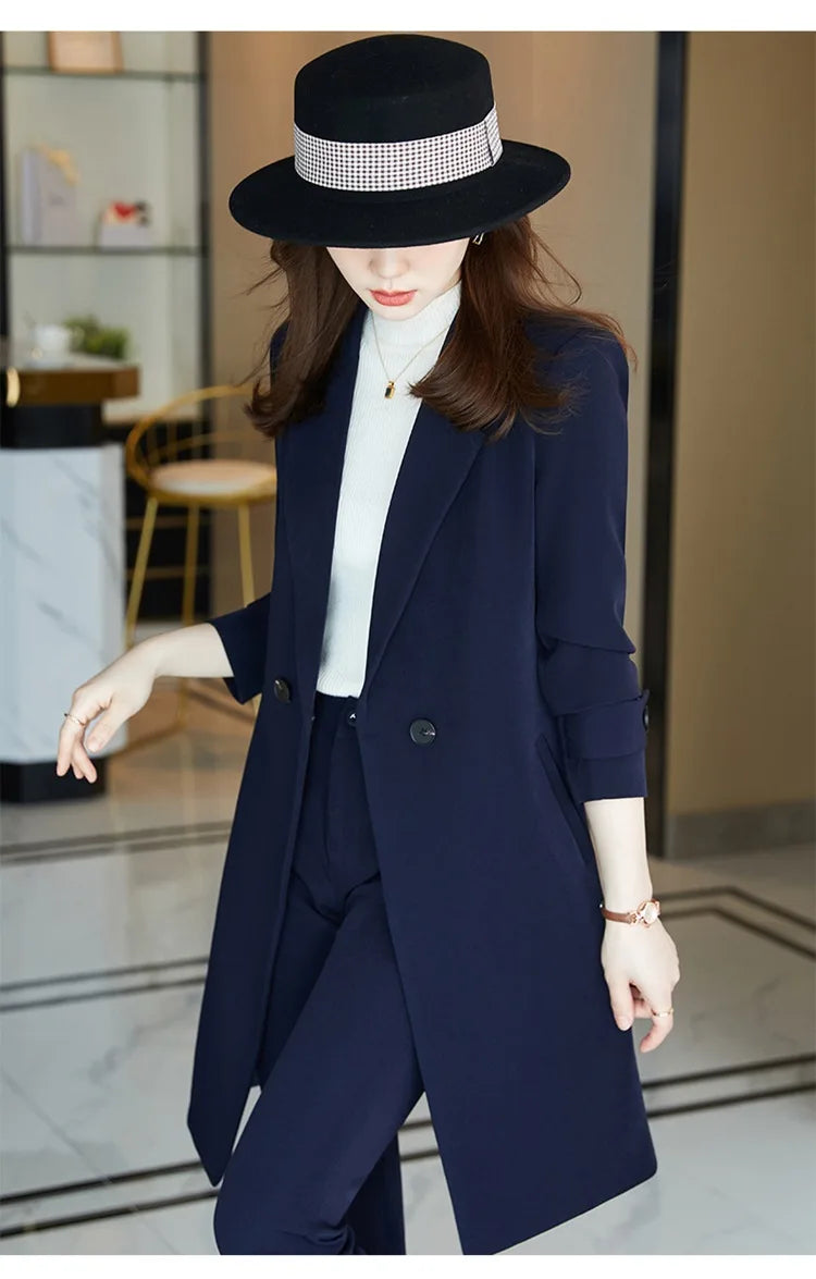 2022 Winter High-end Women's Business Suit Pants Two-piece Set Temperament Slim Solid Color Lady Double Breasted Trench Coat