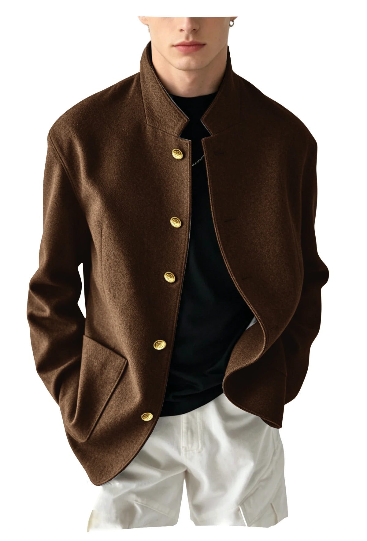 Vintage Men's Stand Collar Jacket Wool Blend Casual Coat Warm Autumn Winter Business Blazer Plus Size Streetwear Outerwear