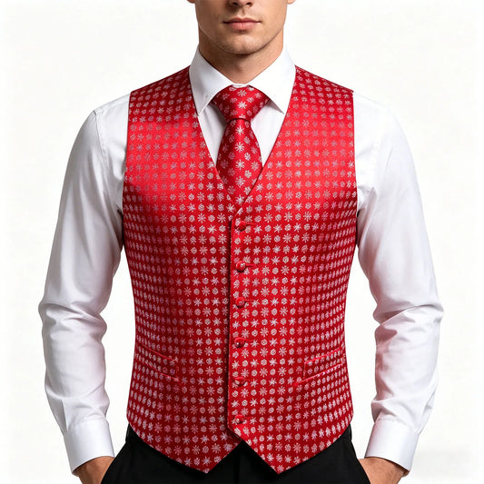 Men's Vest Suit Set with Waistcoat Pocket Square and Tie for Weddings and Christmas Parties – Red Green Snowflake Floral