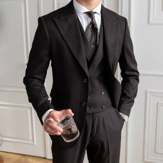 Men Suit 3 Pieces Black With Lapel Double Button For Wedding Groom Banquet Work Tuxedos Birthday Daily Jacket Vest With Pants