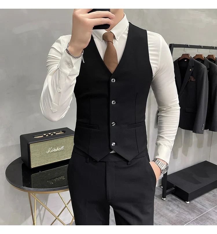 (Jacket +Vest+Pants) Plus Size 7XL-S Men Korean Slim Fit Groom Wedding Business Casual Tuxedo Mens Work Social Suit 3 Pieces