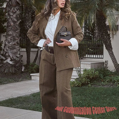 Elegant Brown Herringbone Blazer Suit Women's Double Breasted Peaked Lapel Jacket+Pants 2Piece Set Office Vintage Fashion Outfit