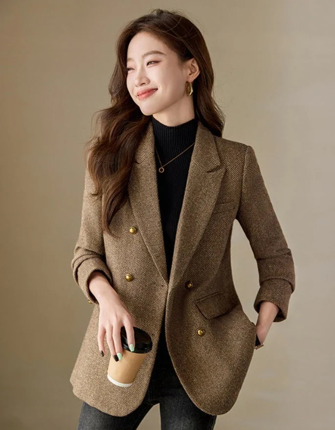 Fashion Grey Blazer Women Coffee Long Sleeve Casual Jacket for Autumn Winter Female Coats Double-Breasted Suit Women’s Clothing