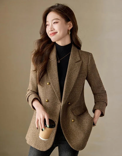 Fashion Grey Blazer Women Coffee Long Sleeve Casual Jacket for Autumn Winter Female Coats Double-Breasted Suit Women’s Clothing