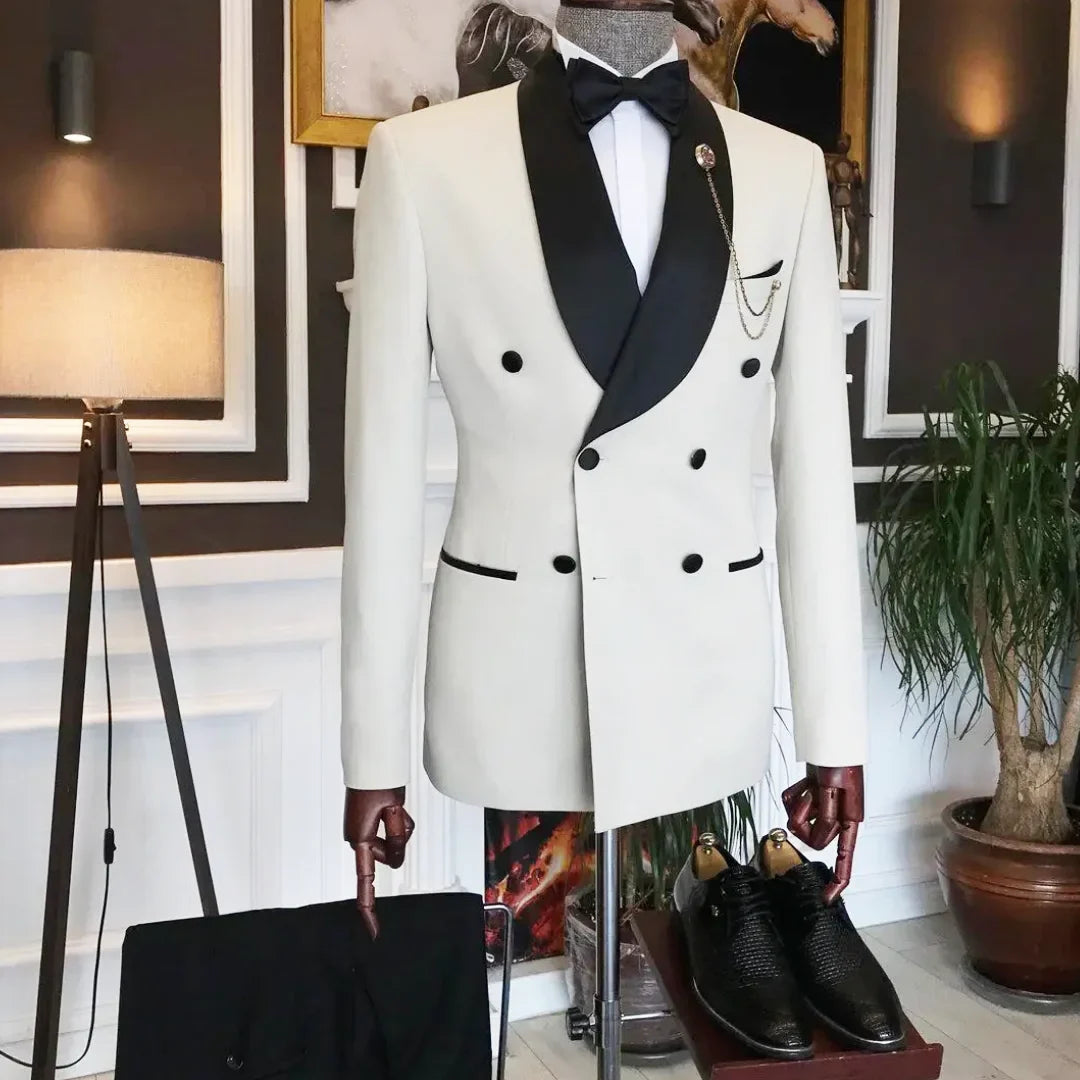 Men Suit 2 Pieces White Black With Lapel Double Button For Wedding Banquet Party Business Work Office Set Jacket And Pants