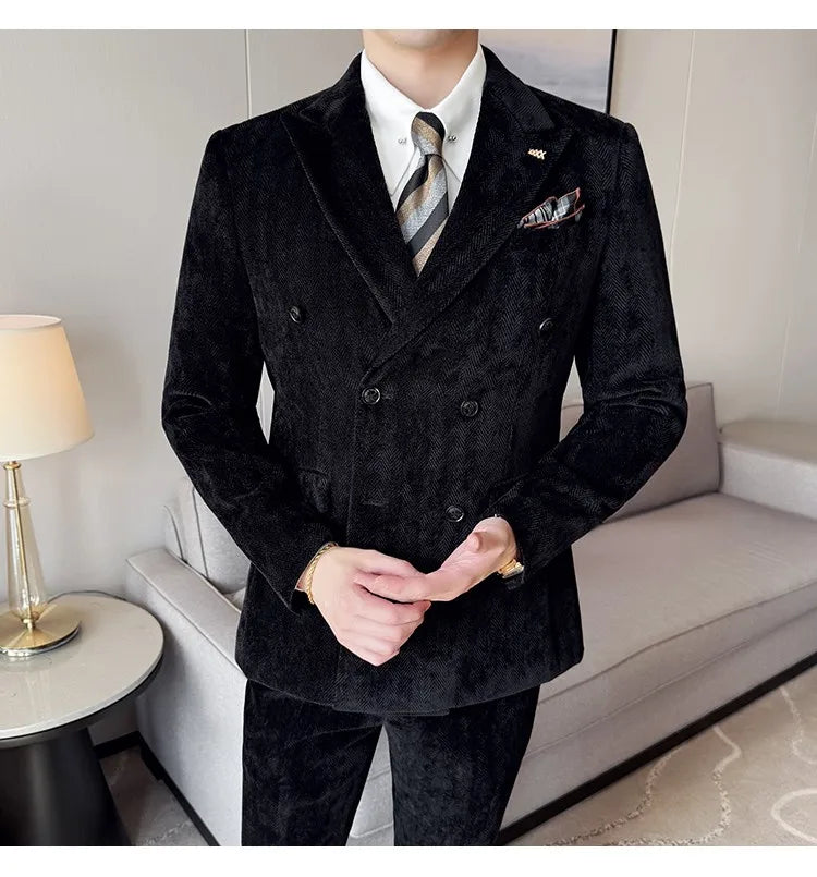 2025 Winter Woolen Men's Wedding Groom Suit Double Breasted Suit 3 Piece Set Business Casual Office Work Party Prom Dress Suits