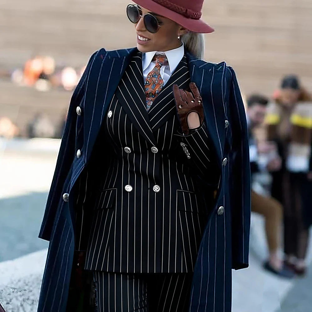 Formal Women's Burgundy Pinstripe Suit with Navy Blue Striped Coat Double Breasted 3Piece Set Elegant Evening Party Outerwears