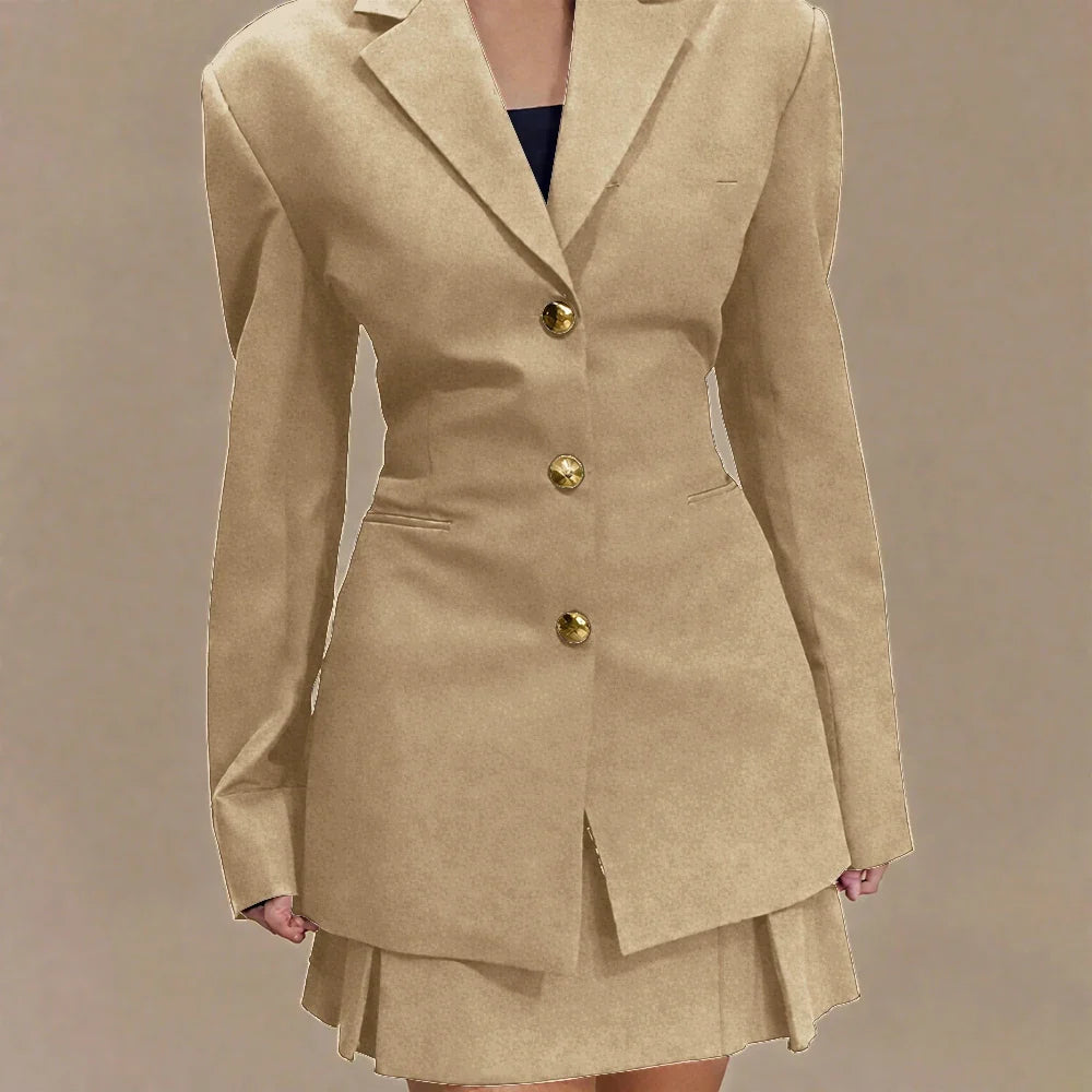 Women's Pleated Skirt Suit Set 2025 2Pieces(Tailored Blazer&High Waist Skirt) Office Chic Single-breasted Notch Lapel Outfit
