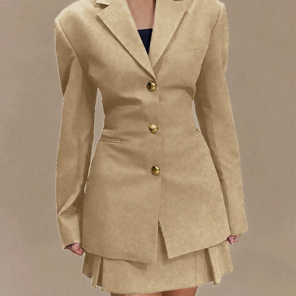 Women's Pleated Skirt Suit Set 2025 2Pieces(Tailored Blazer&High Waist Skirt) Office Chic Single-breasted Notch Lapel Outfit