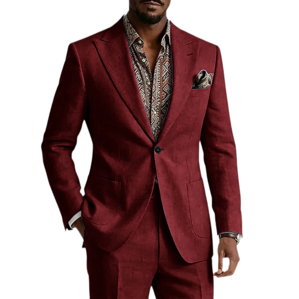 Men's Linen Blend Suit 2 Pieces Set Solid Color Peak Lapel Slim Fit One Button Jacket Pants Formal Outfit Wedding Business Casua