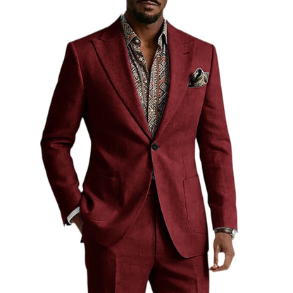 Men's Linen Blend Suit 2 Pieces Set Solid Color Peak Lapel Slim Fit One Button Jacket Pants Formal Outfit Wedding Business Casua