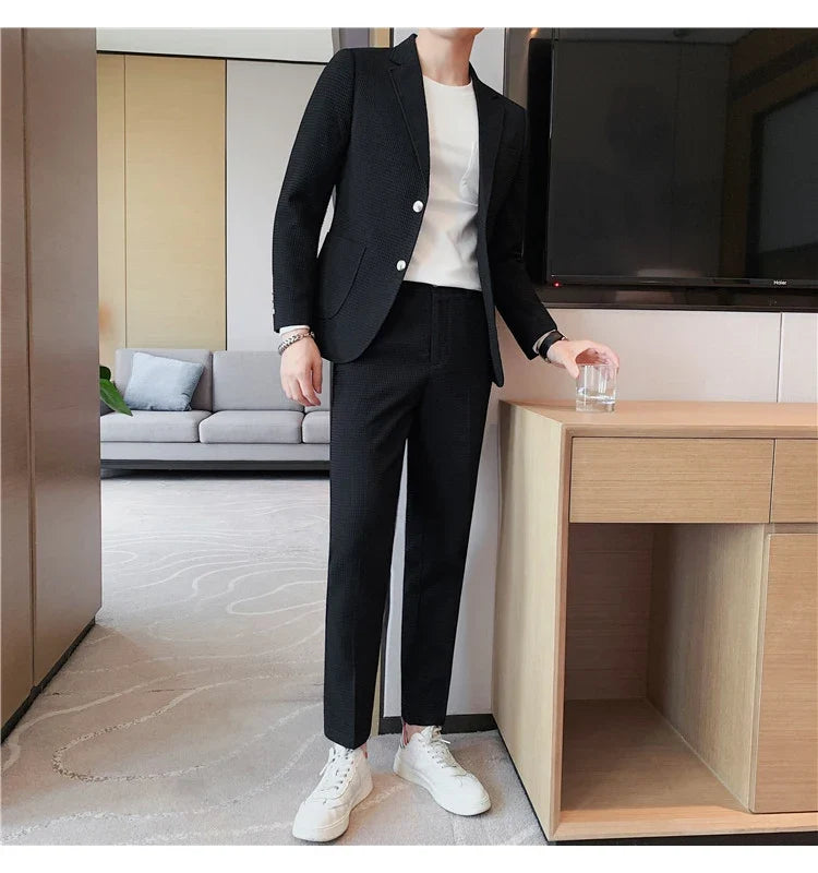 2025 New Waffle Blazers +Pant 2 Piece Set Men Fashion Business Slim Fit Solid Tuxedo Groom Wedding Prom Wear Casual Men's Sets