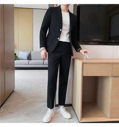 2025 New Waffle Blazers +Pant 2 Piece Set Men Fashion Business Slim Fit Solid Tuxedo Groom Wedding Prom Wear Casual Men's Sets