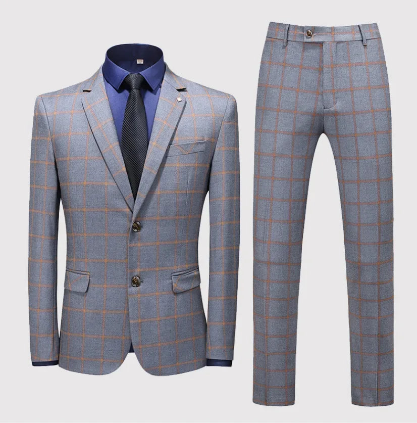 Men's Suit Set – Blazer, Vest & Trousers – British Grid Smart Casual for Business & Weddings
