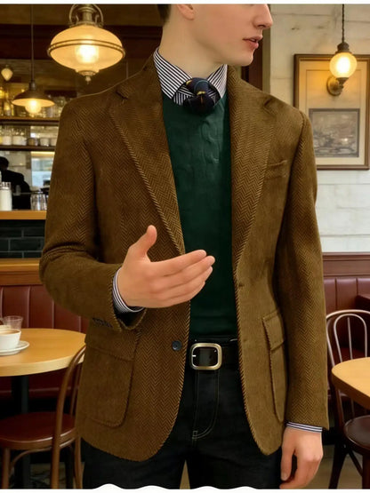 Men's Herringbone Tweed Blazer Classic Fit 2-Button Notch Lapel Flap Pockets Suit Jacket Casual Daily Business Men Sport Coat