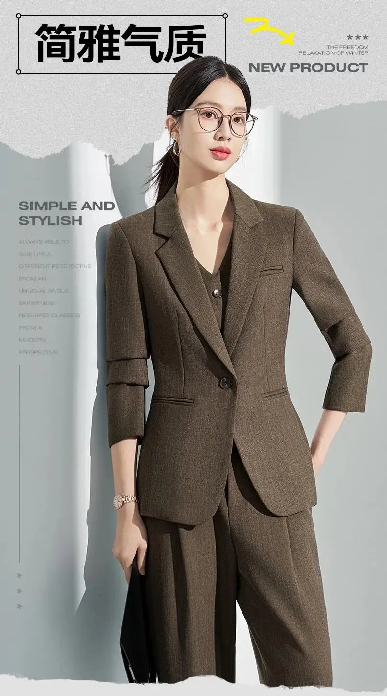 Formal Office Lady Slim Fit 2 Piece Suits Autumn Dark Brown Single Button Blazer And Pants Elegant Business Female Work Wear