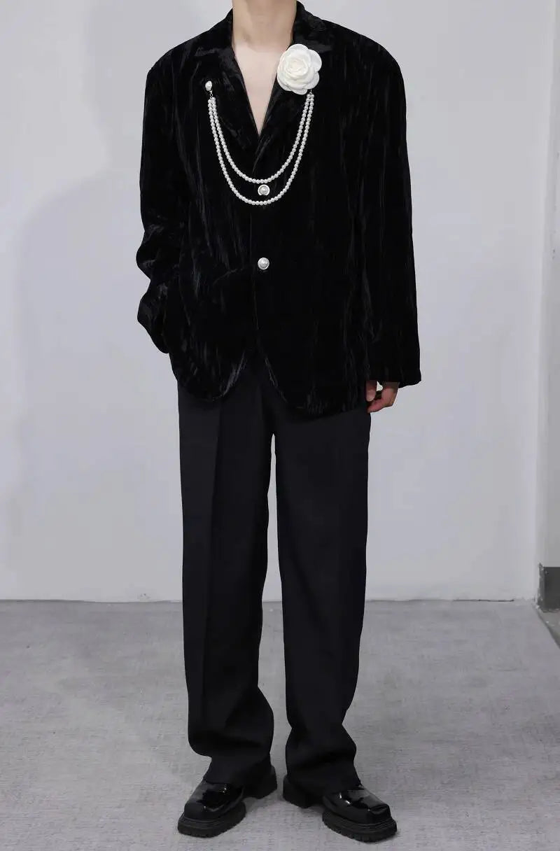 Luxury Elegant Handsome Blazer Coat Men's Original Niche Three-dimensional Pearl Chain Stylish Solid Color Jacket JY4431