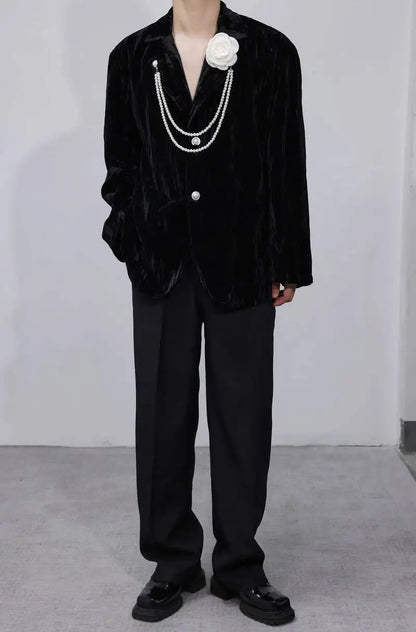 Luxury Elegant Handsome Blazer Coat Men's Original Niche Three-dimensional Pearl Chain Stylish Solid Color Jacket JY4431