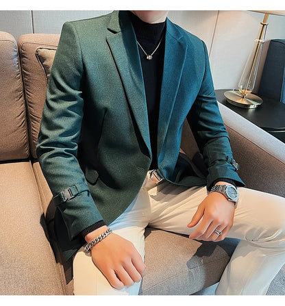 Men's Slim Fit Blazer Metal Buckle Decoration Smart Casual Wedding Party Jacket
