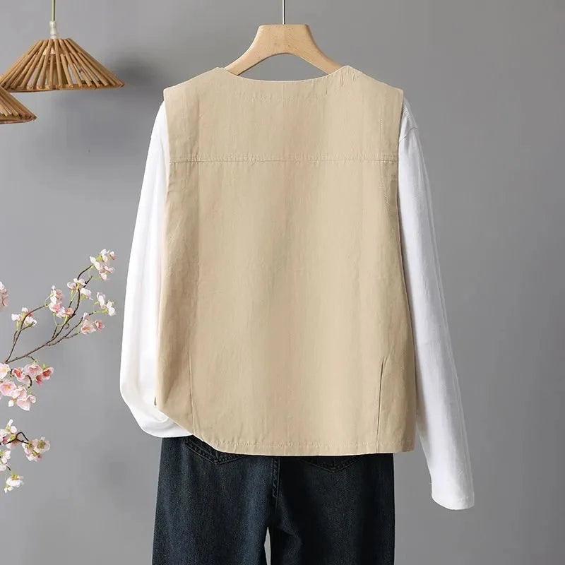 Spring Femme Fashion Vest Outwear Retro Ladies Solid Color Casual Sleeveless Jacket Autumn Women Round Neck Loose Waistcoat Coat