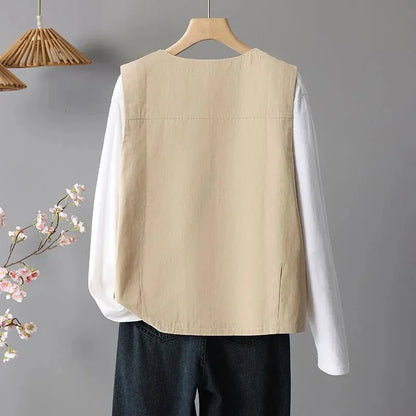 Spring Femme Fashion Vest Outwear Retro Ladies Solid Color Casual Sleeveless Jacket Autumn Women Round Neck Loose Waistcoat Coat