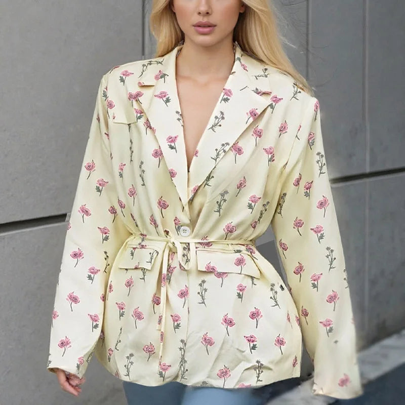Spring Autumn Fashion Women's Pure Color Belted Shoulder Pad Suit Coat Commute Style Loose Fit Long Sleeve Regular Length