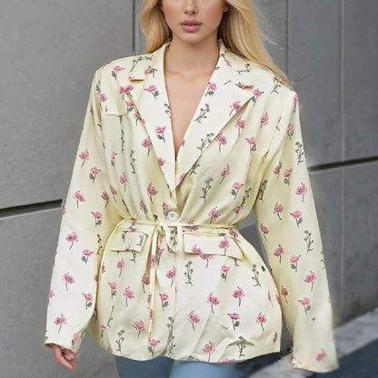 Spring Autumn Fashion Women's Pure Color Belted Shoulder Pad Suit Coat Commute Style Loose Fit Long Sleeve Regular Length
