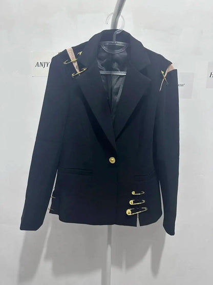 Autumn New Women Chic Blazer Asymmetrical Pin Design Single Button Slim Fit Elegant Fashion Office Lady Stylish Coat HK9876