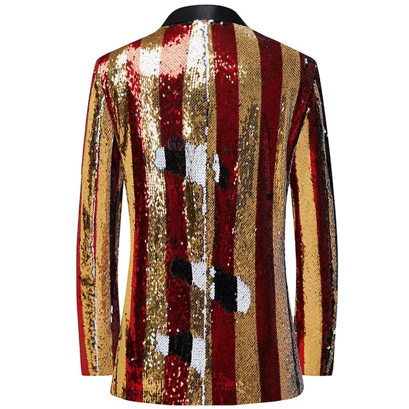 Men's Luxury Sequins Suit Jacket Double Side Stripes Trendy Blazers Banquet Evening Party Singer Host Stage Performance Tuxedo