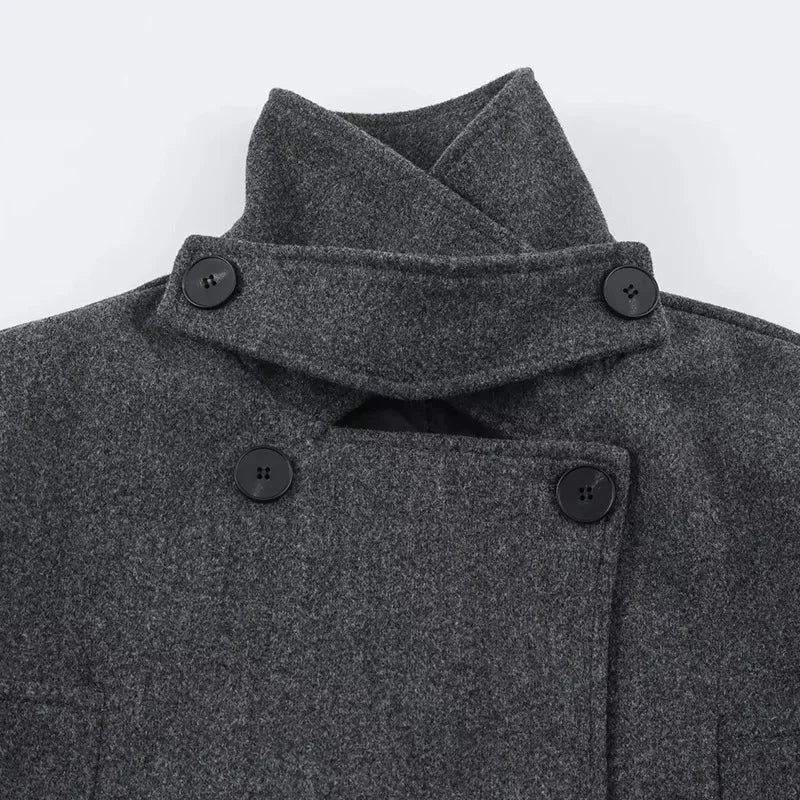 Women Blazer Coat Elegant Chic Dark Style Design Double Breasted Sashes Patchwork Solid Color Loose Woolen Overcoat HK27262