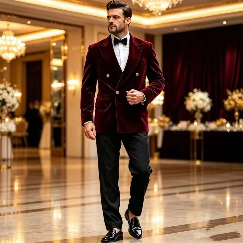 Groom Wedding Suit for Men 1 Piece Green Velvet Double Breasted Custom Tuxedo Slim Fit Formal Party Jacket
