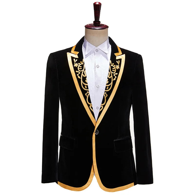 Men's Black Velvet Embroidery Formal Blazers Slim Fit Single Button Suit Jacket Singer Host Stage Banquet Prom Tuxedo Costume