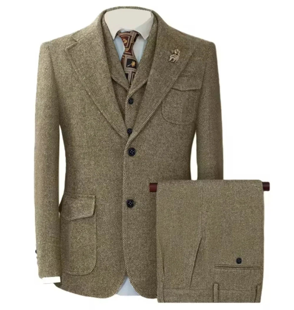 Men's Herringbone 3-Piece Suit Set – Jacket, Vest & Pants for Weddings & Formal Occasions