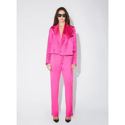 Rose Pink Satin Double Breasted Women Pants Set High-end Female Two Pieces(Jacket+Trousers)أطقم بناطيل