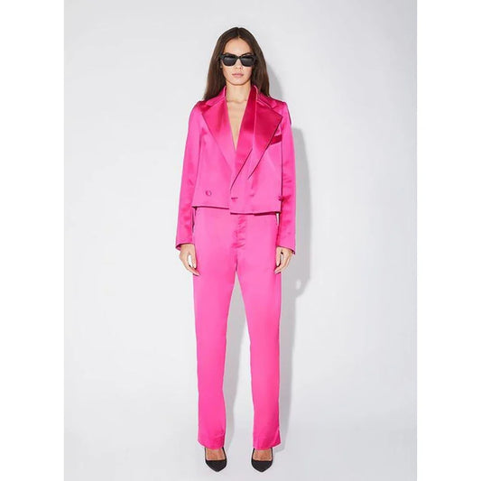 Rose Pink Satin Double Breasted Women Pants Set High-end Female Two Pieces(Jacket+Trousers)أطقم بناطيل